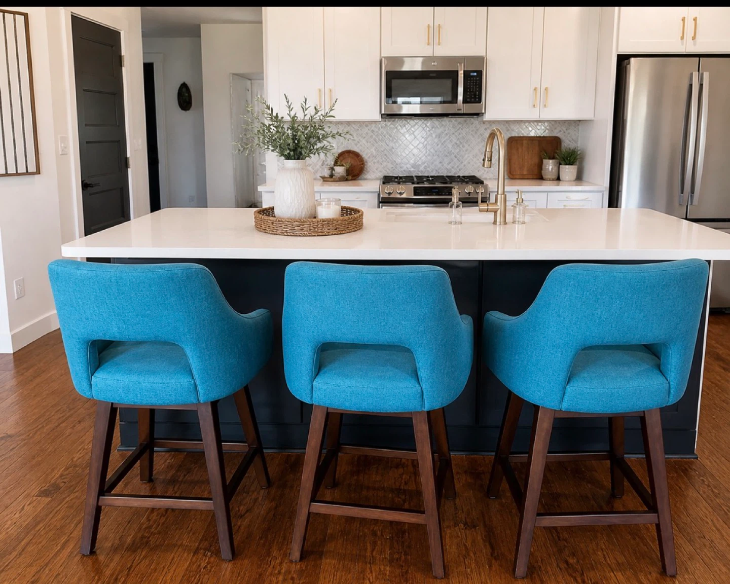 Set of 3 Teal Upholstered Swivel Bar Stools