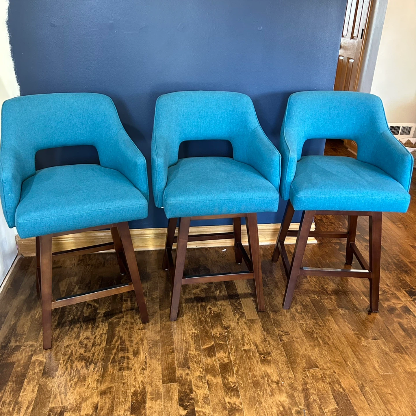 Set of 3 Teal Upholstered Swivel Bar Stools - photo 2