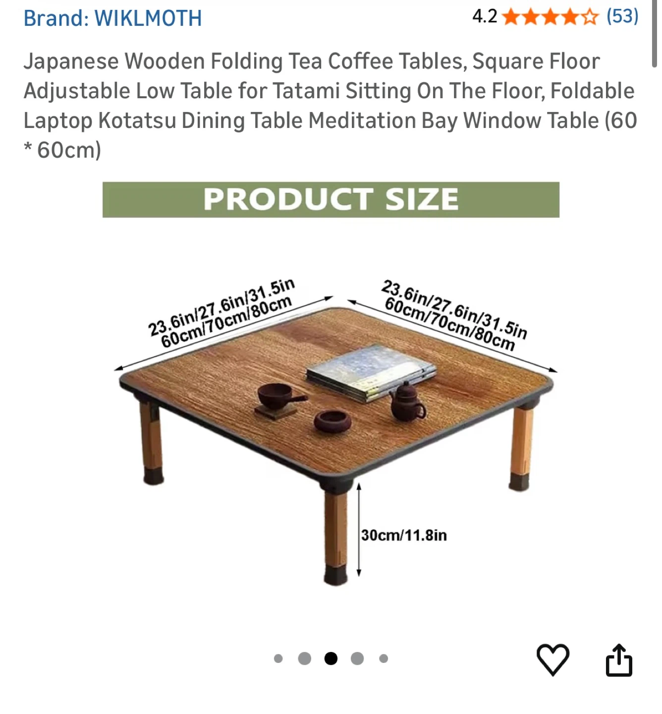 WIKLMOTH Japanese Wooden Folding Tea Coffee Table 60x60cm