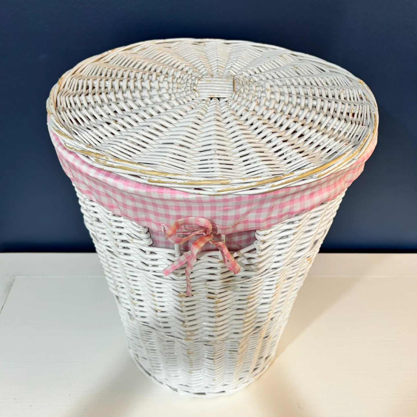 White Wicker Laundry Hamper with Pink Gingham Liner - photo 2