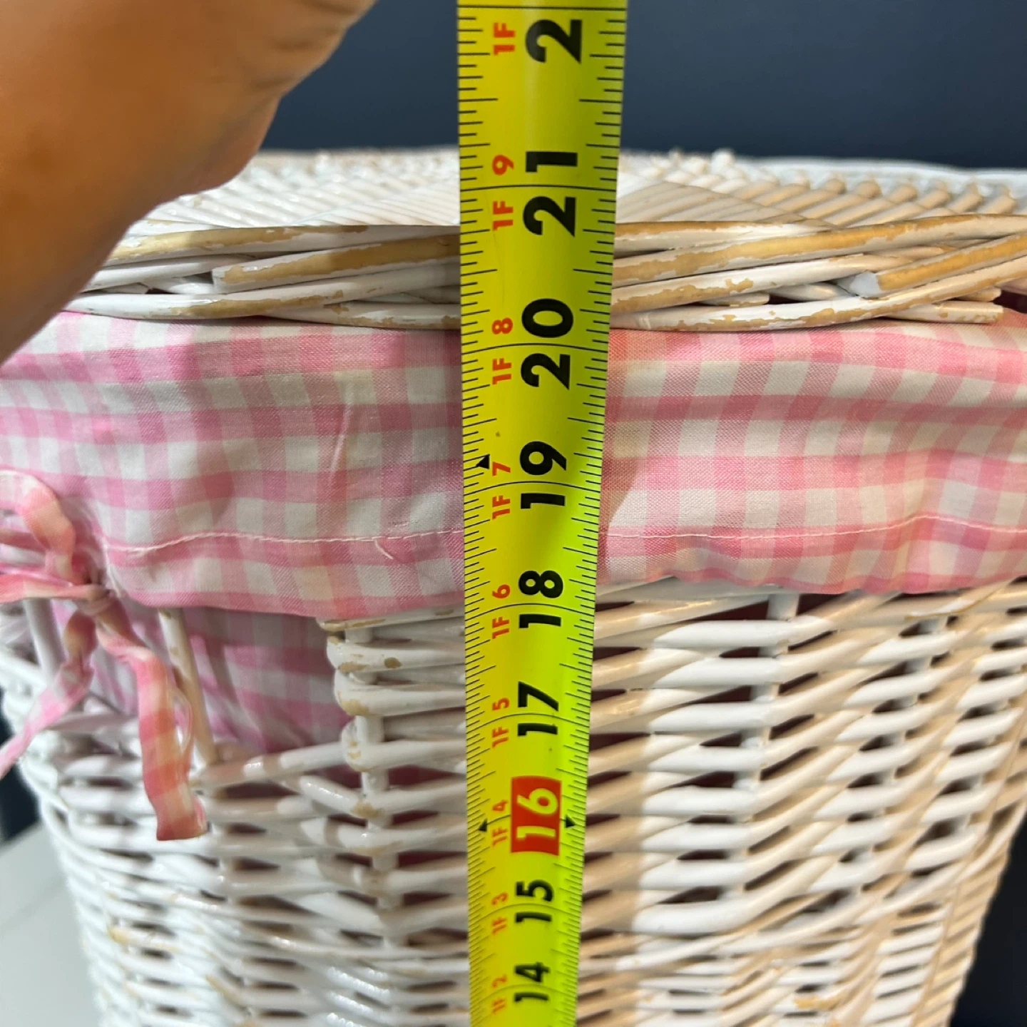 White Wicker Laundry Hamper with Pink Gingham Liner - photo 3