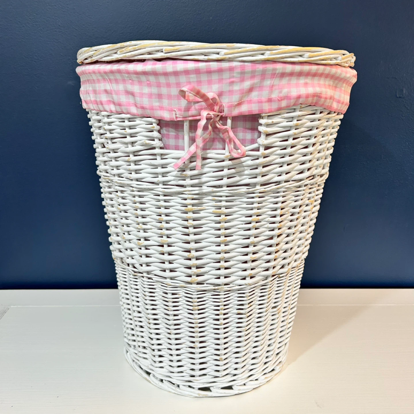 White Wicker Laundry Hamper with Pink Gingham Liner