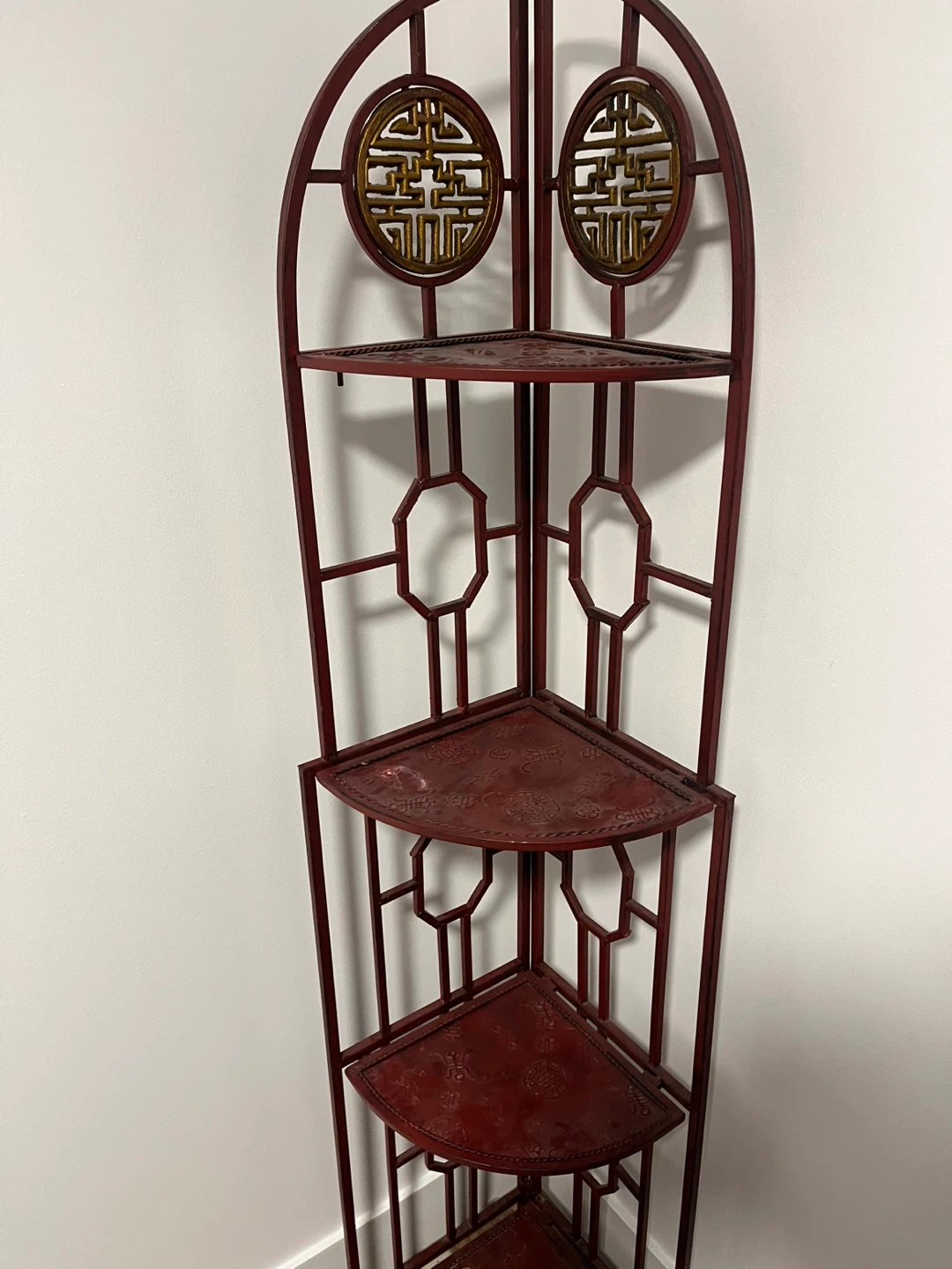 Red Oriental Style Corner Shelf Unit