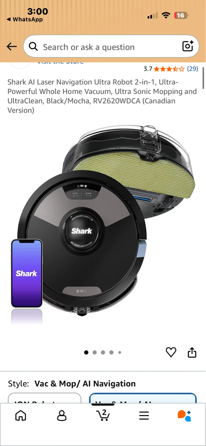 Shark AI Laser Navigation Robot Vacuum & Mop RV2620WDCA