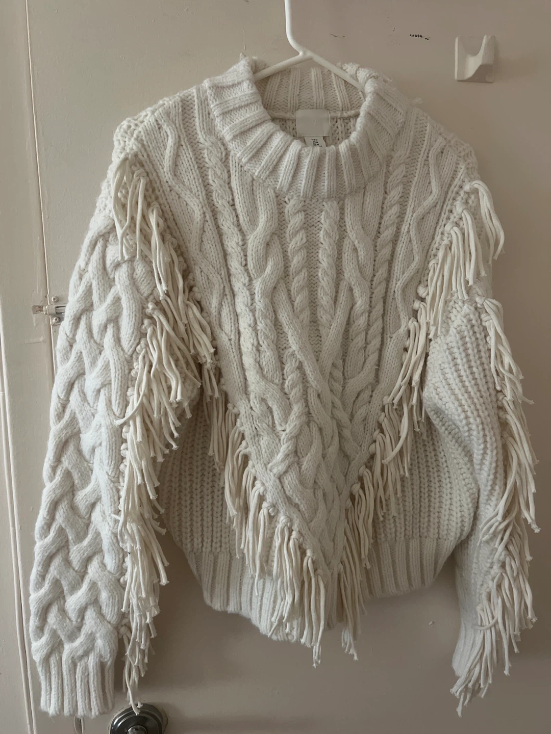 White Cable Knit Sweater with Fringe