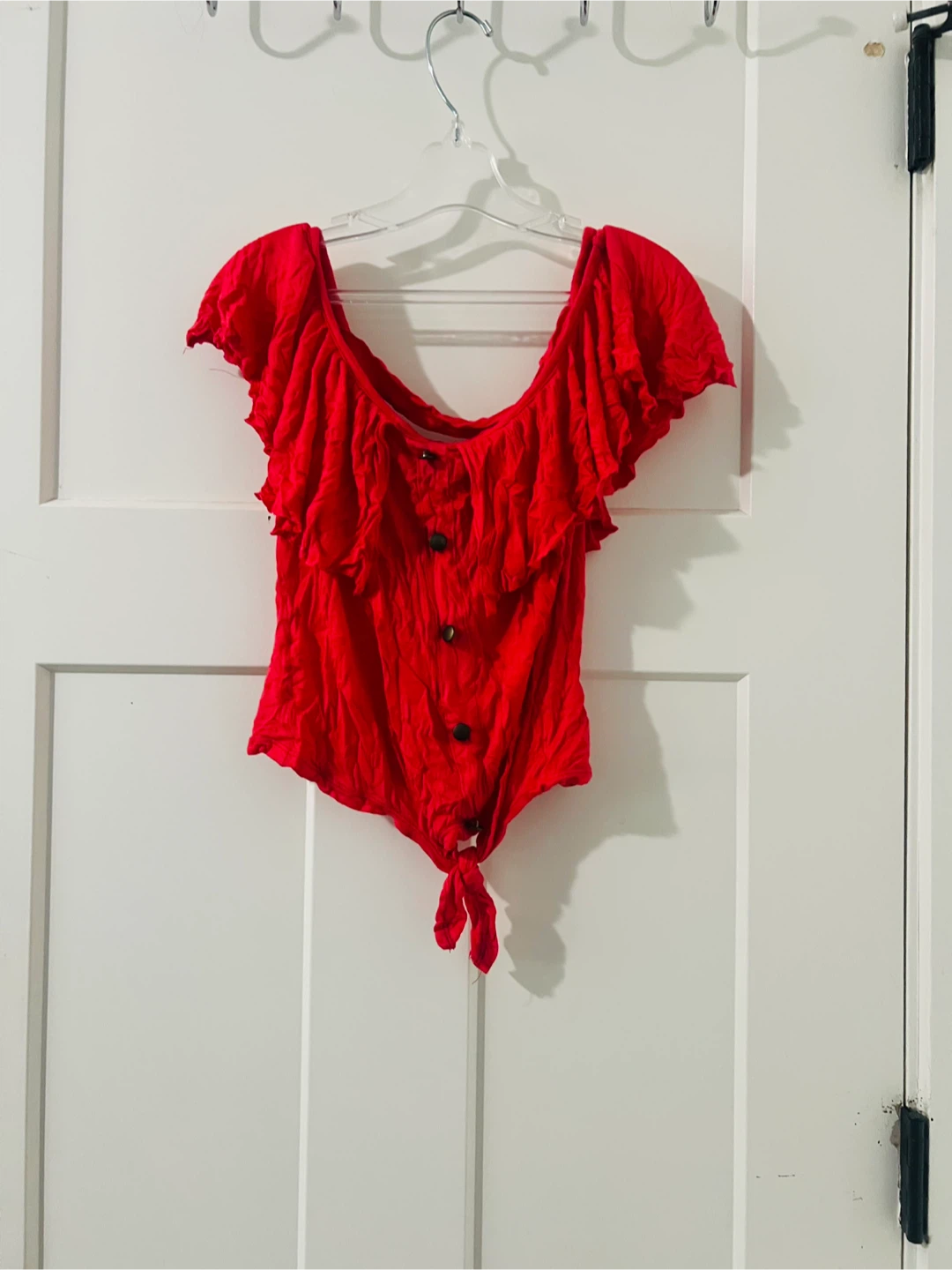 Red Ruffle Off-the-Shoulder Top with Tie Front