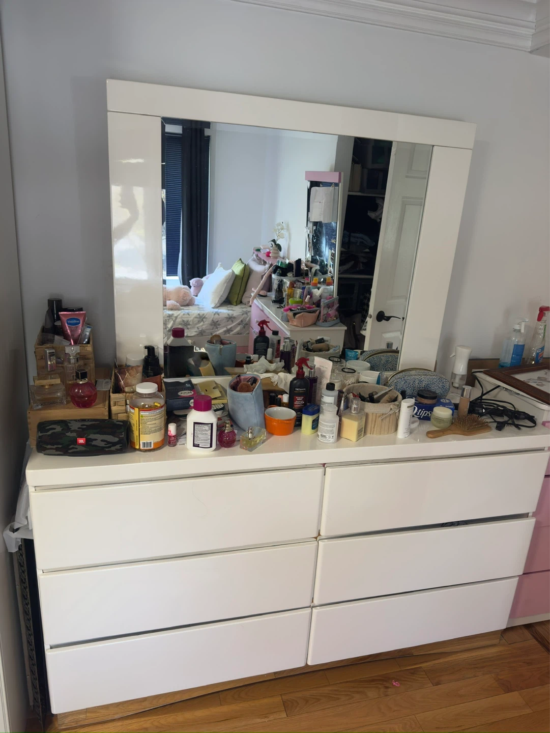 White Dresser with Mirror plus Queen sized bed and a night stand