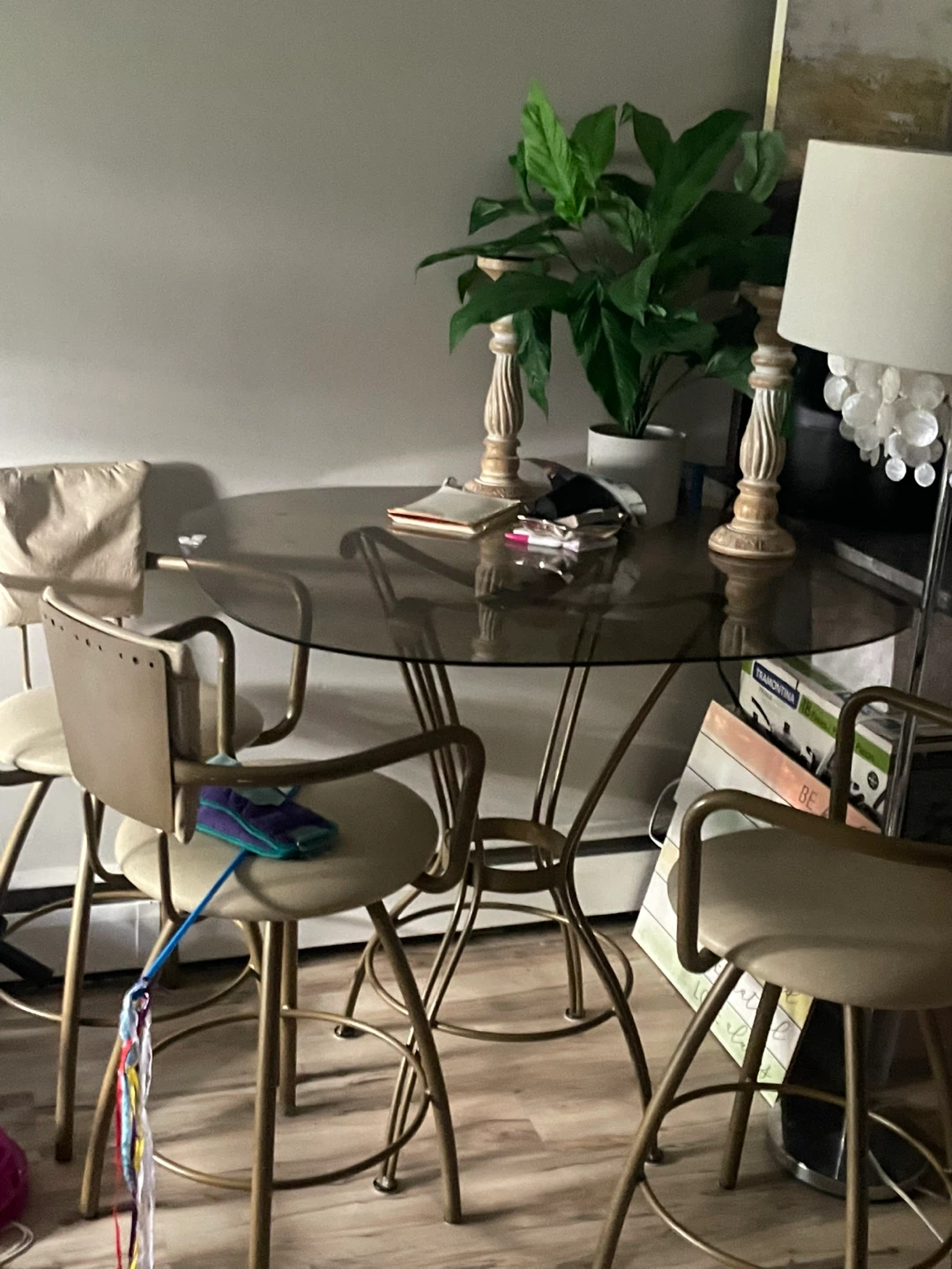 Glass top white leather bistro set with 4 stools - photo 2