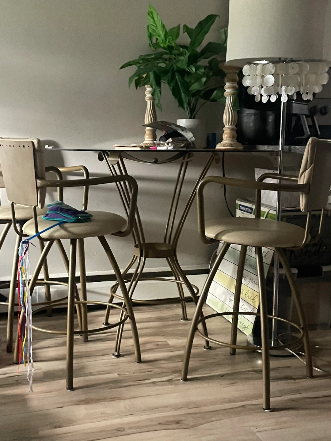 Glass top white leather bistro set with 4 stools