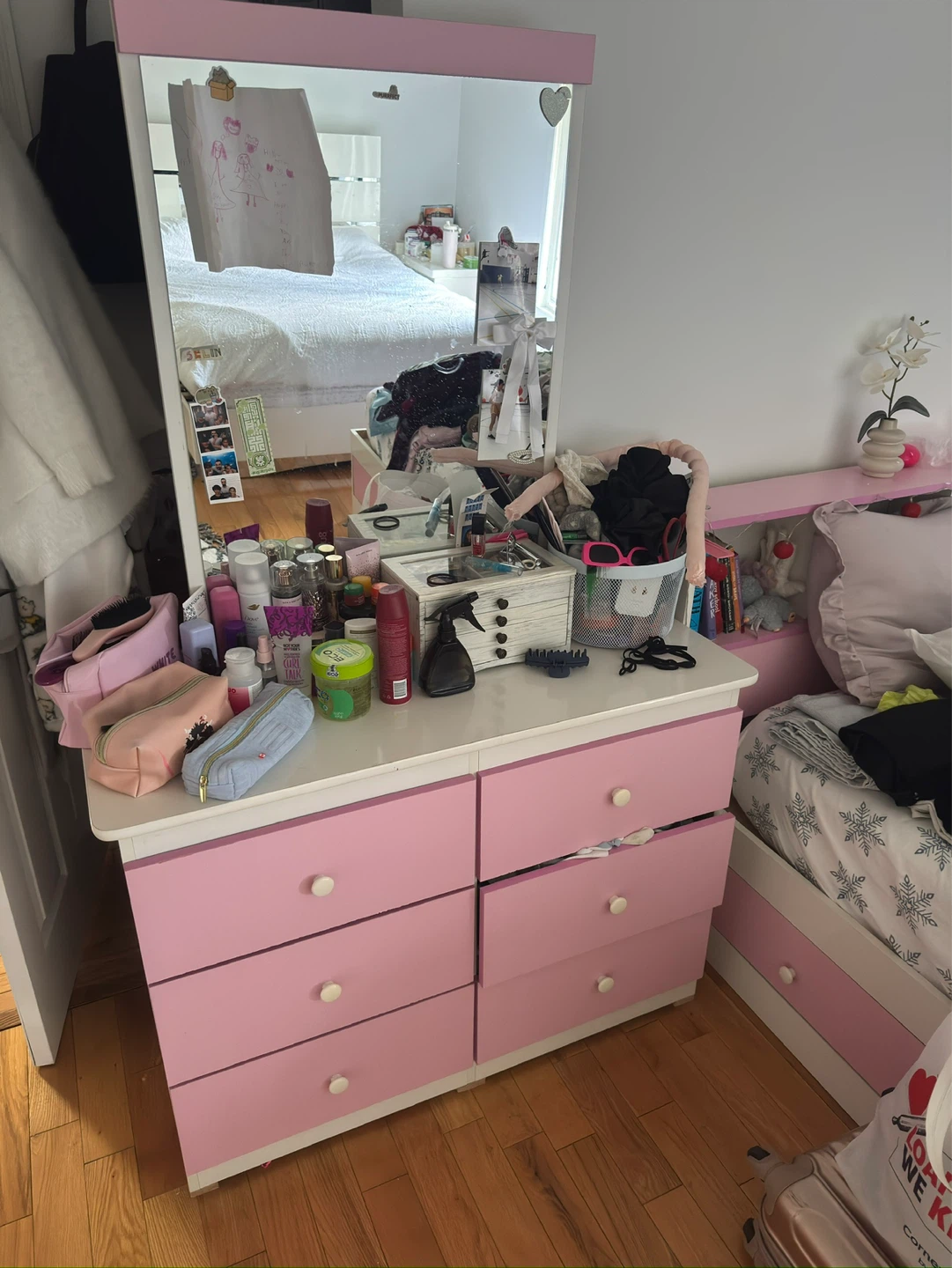 Pink and White Twin Bed Frame with Storage Drawers - photo 3