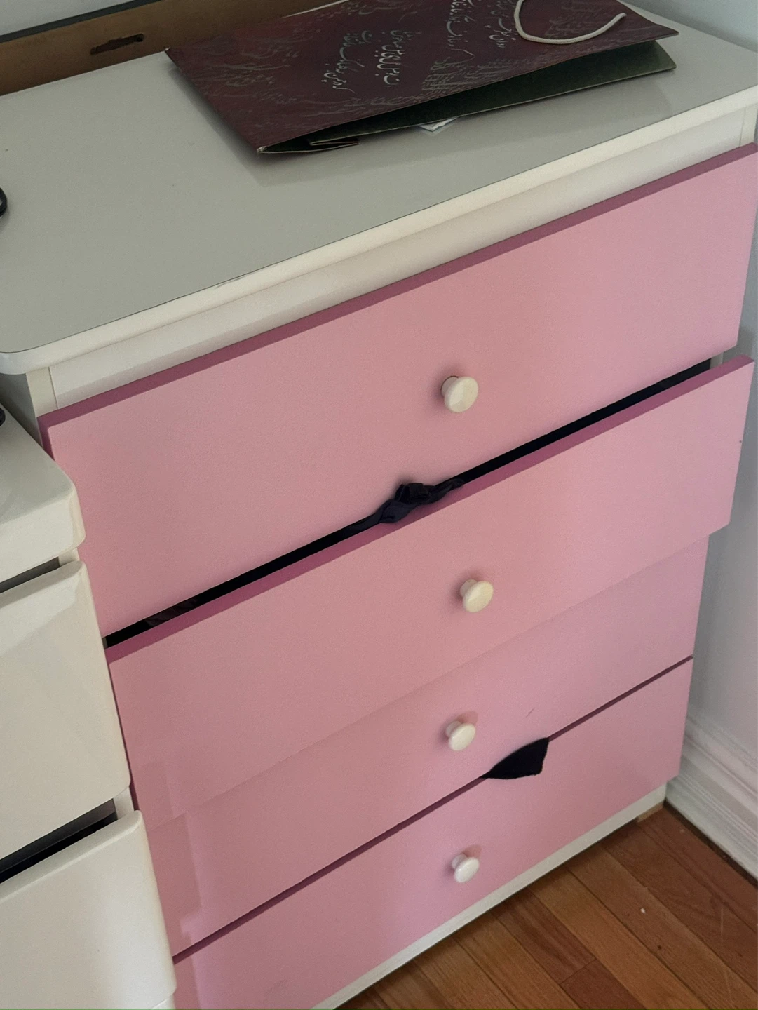 Pink and White Twin Bed Frame with Storage Drawers