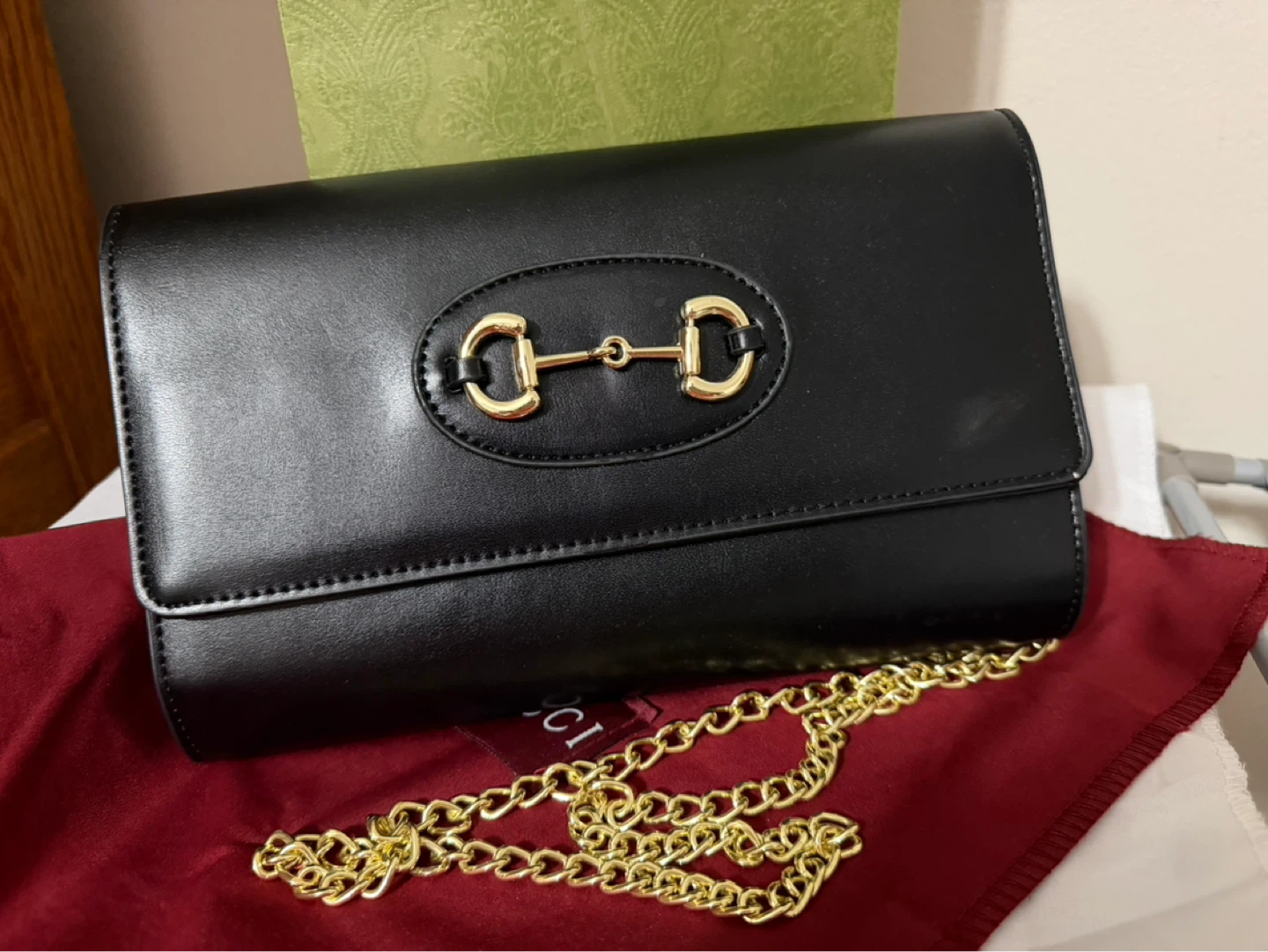 Black PU Leather Horsebit Chain Wallet