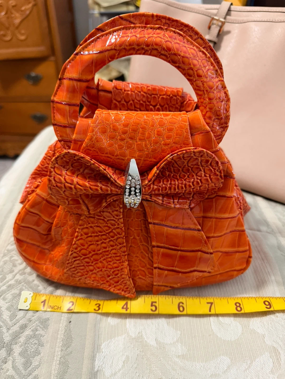 Orange Crocodile-Embossed Handbag with Bow Accent - photo 4