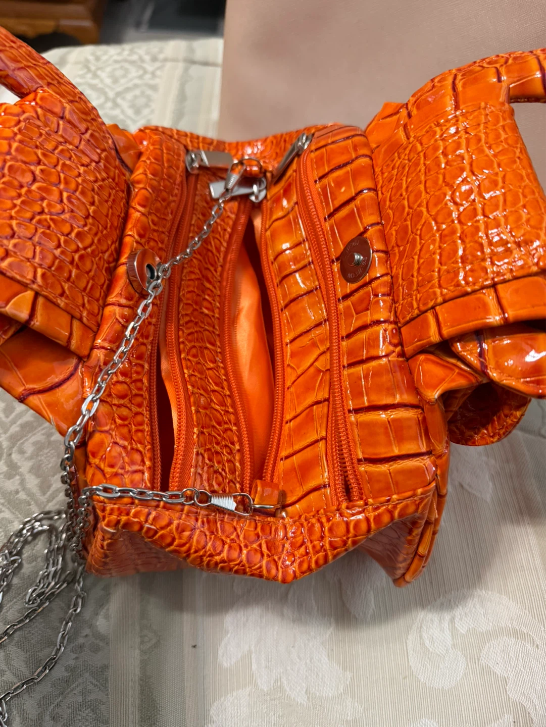 Orange Crocodile-Embossed Handbag with Bow Accent - photo 5