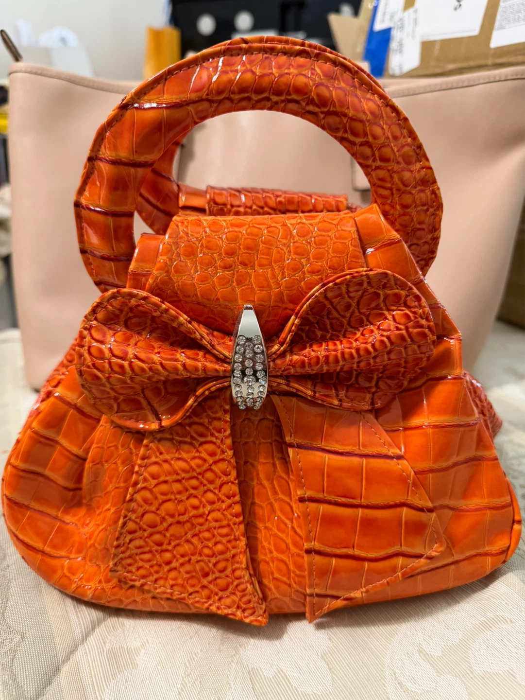 Orange Crocodile-Embossed Handbag with Bow Accent