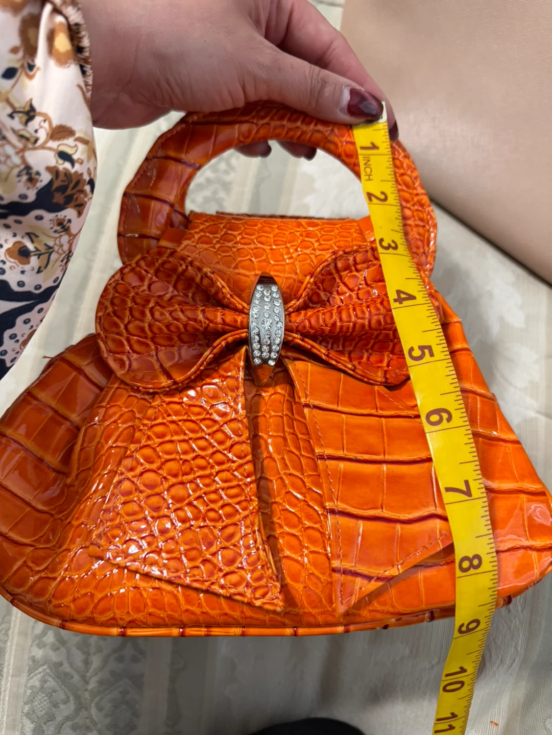 Orange Crocodile-Embossed Handbag with Bow Accent - photo 3