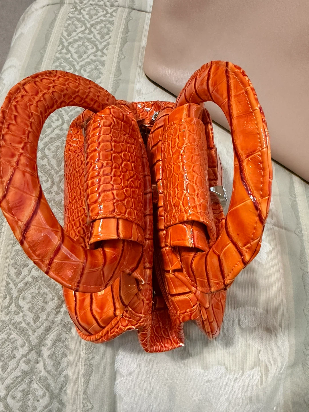 Orange Crocodile-Embossed Handbag with Bow Accent - photo 2