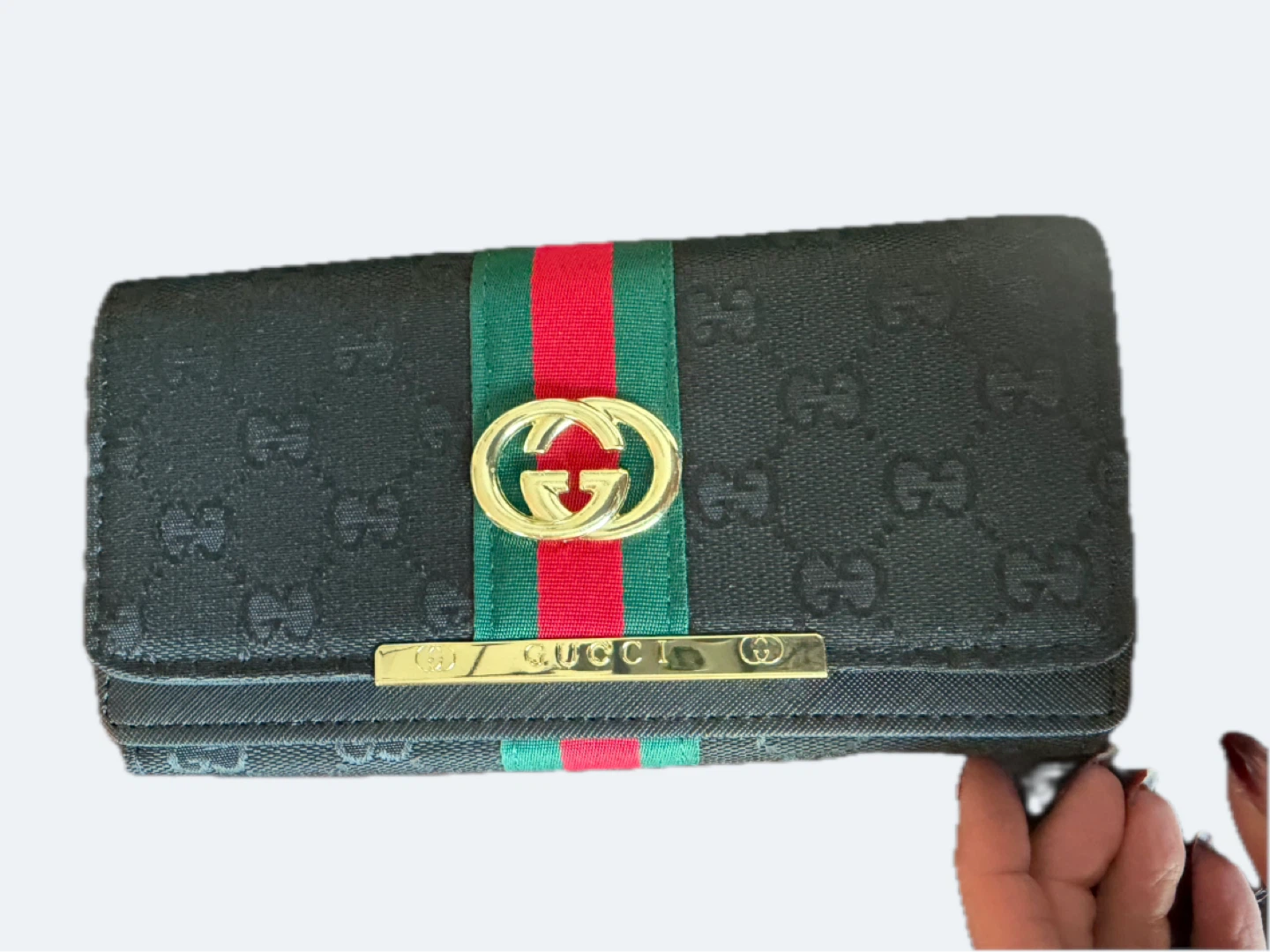 Gucci Black Monogram Bi-Fold Wallet with Green and Red Stripe