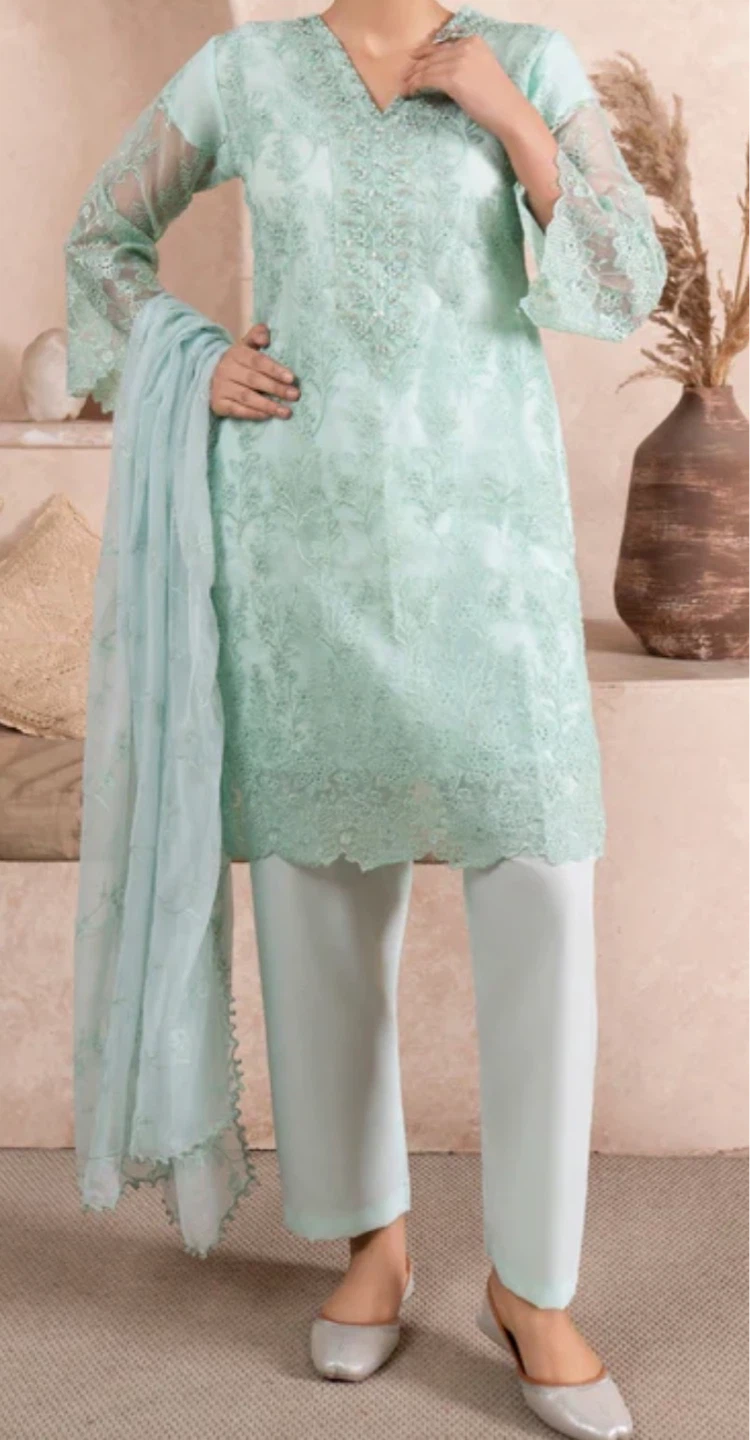 Women's Mint Green Embroidered 3-Piece Suit