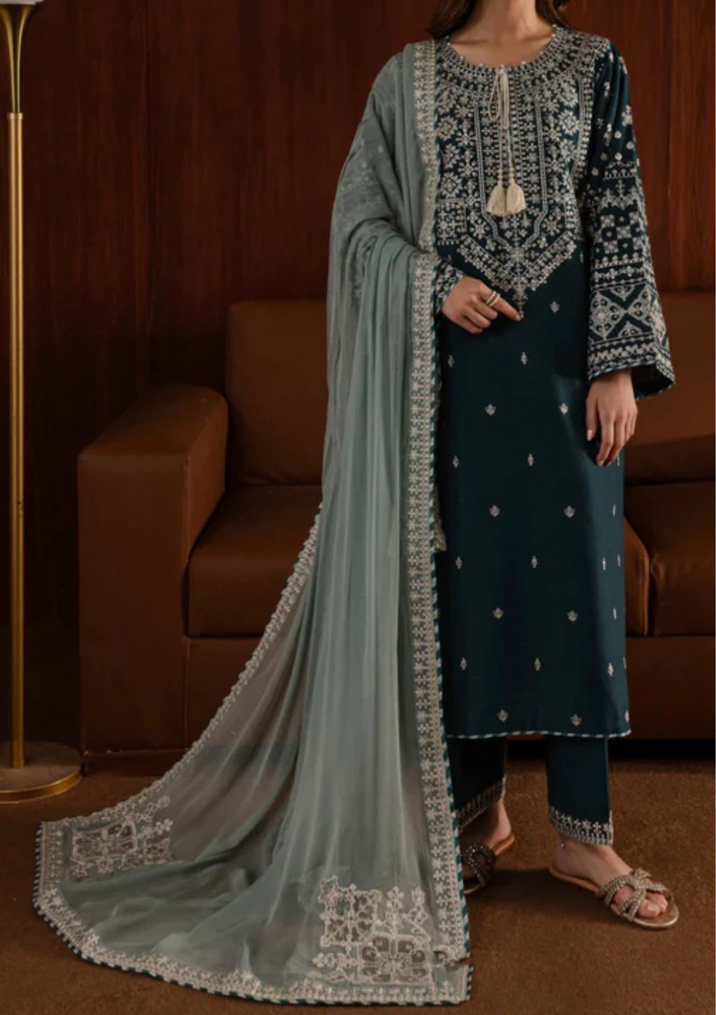 Embroidered Teal 3-Piece Suit with dupata