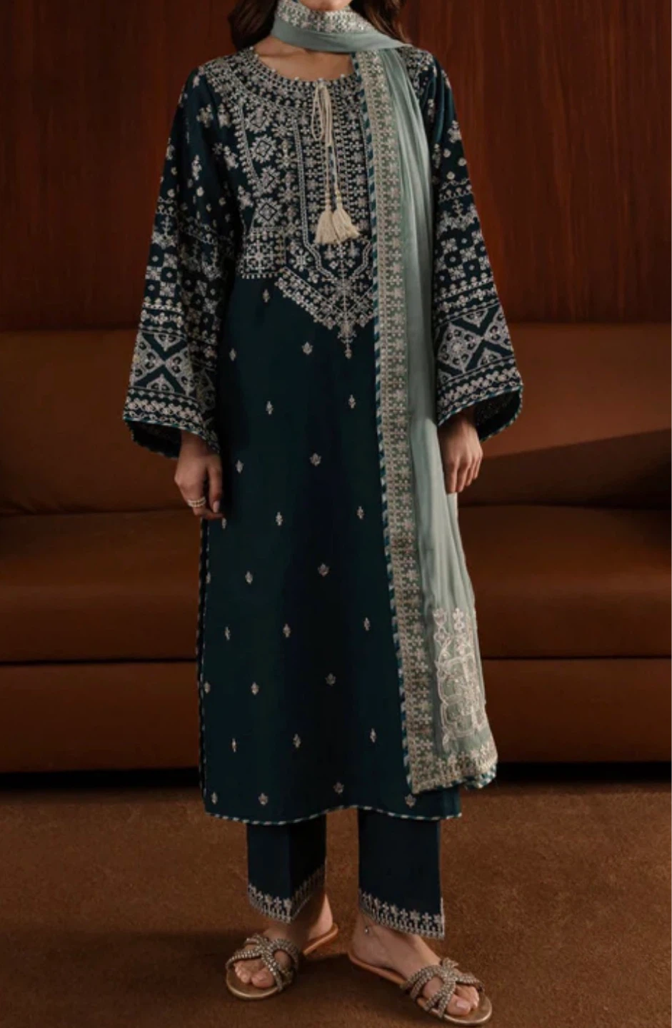 Embroidered Teal 3-Piece Suit with dupata - photo 3