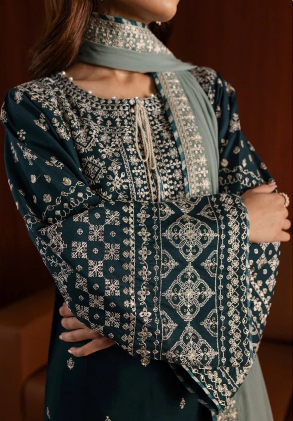 Embroidered Teal 3-Piece Suit with dupata - photo 2