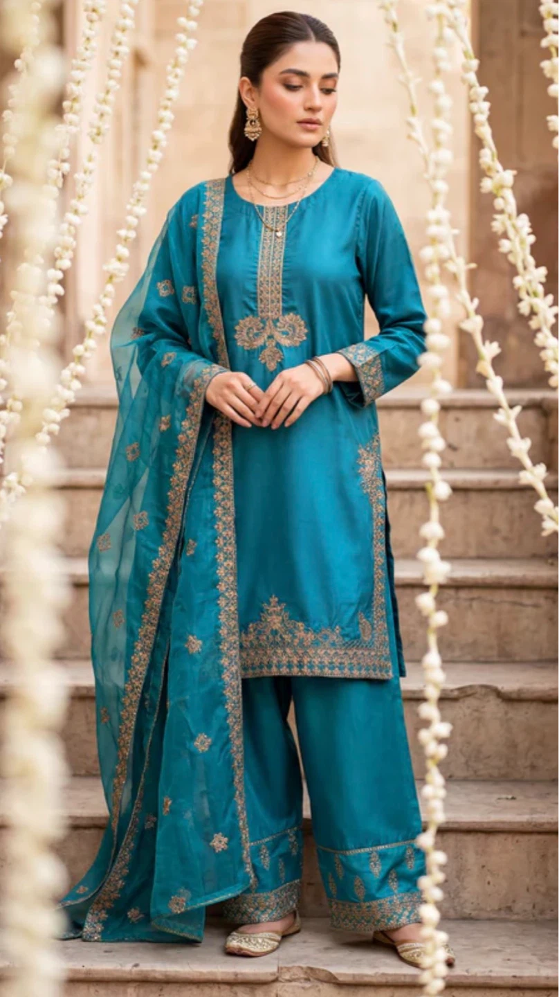 Teal Embroidered 3-Piece Suit with Dupatta - photo 3