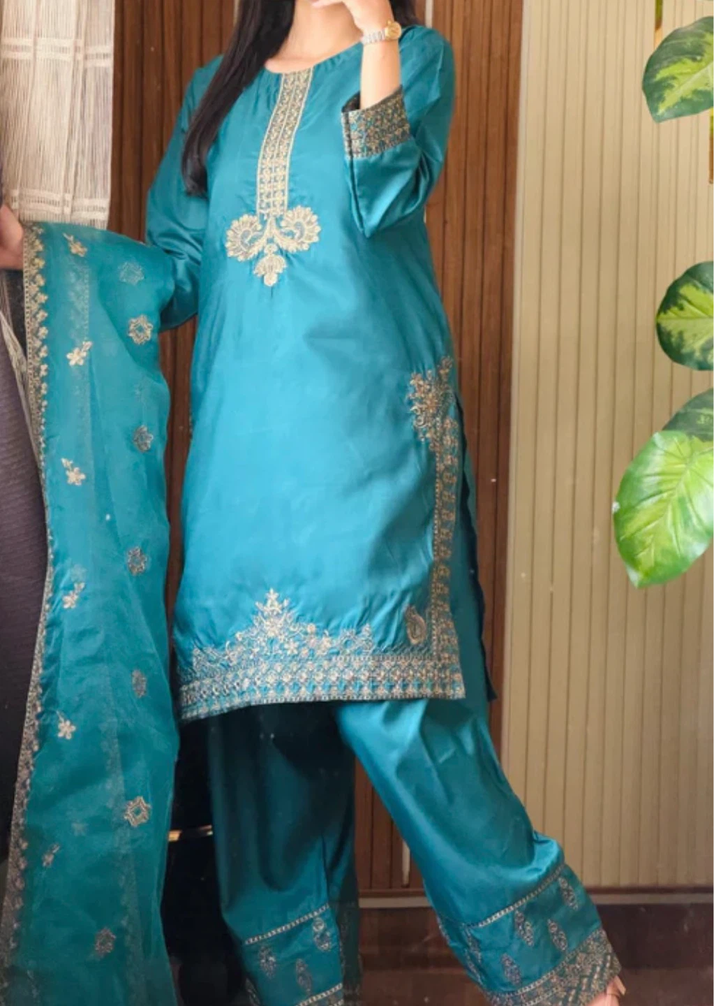 Teal Embroidered 3-Piece Suit with Dupatta - photo 2