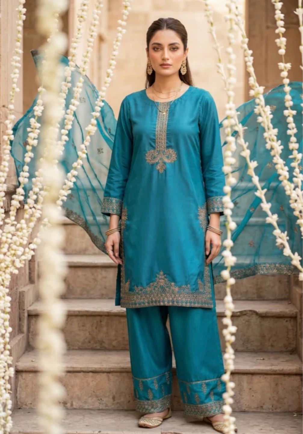 Teal Embroidered 3-Piece Suit with Dupatta