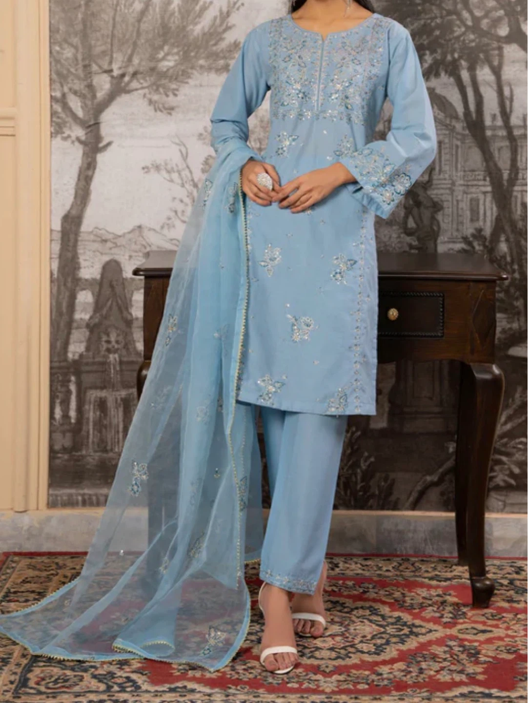 Blue Embroidered 3-Piece Suit with Dupatta