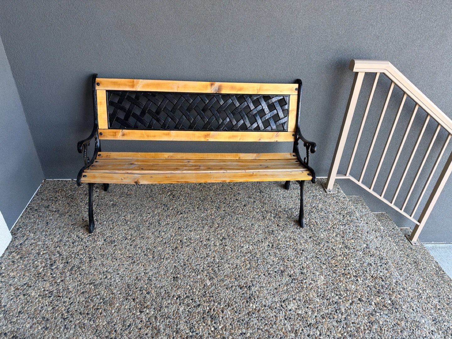 Wooden Slat Bench with Black Woven Back