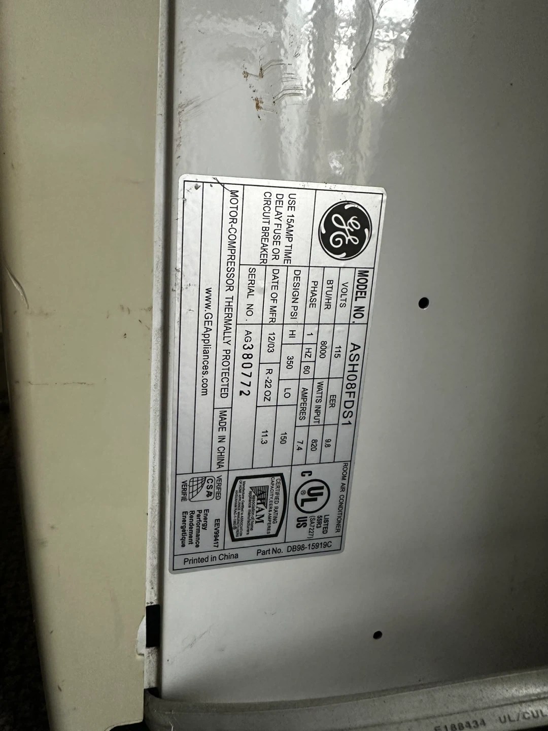 GE Window Air Conditioner ASH08FDS1 - photo 2