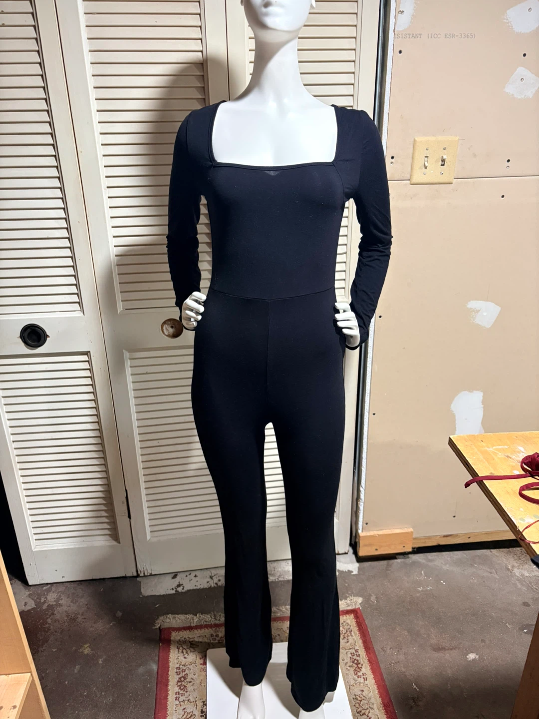 Black Long Sleeve Square Neck Flared Jumpsuit
