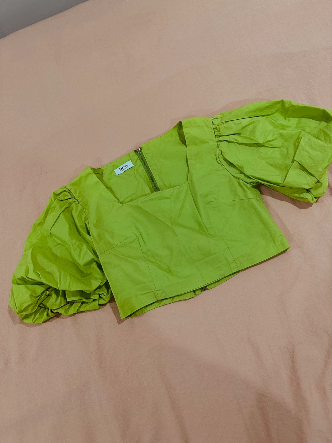 Maria Green Puff Sleeve Square Neck Cropped Top
