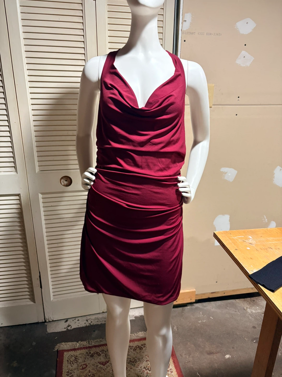 Women's Red Ruched Cowl Neck Mini Dress