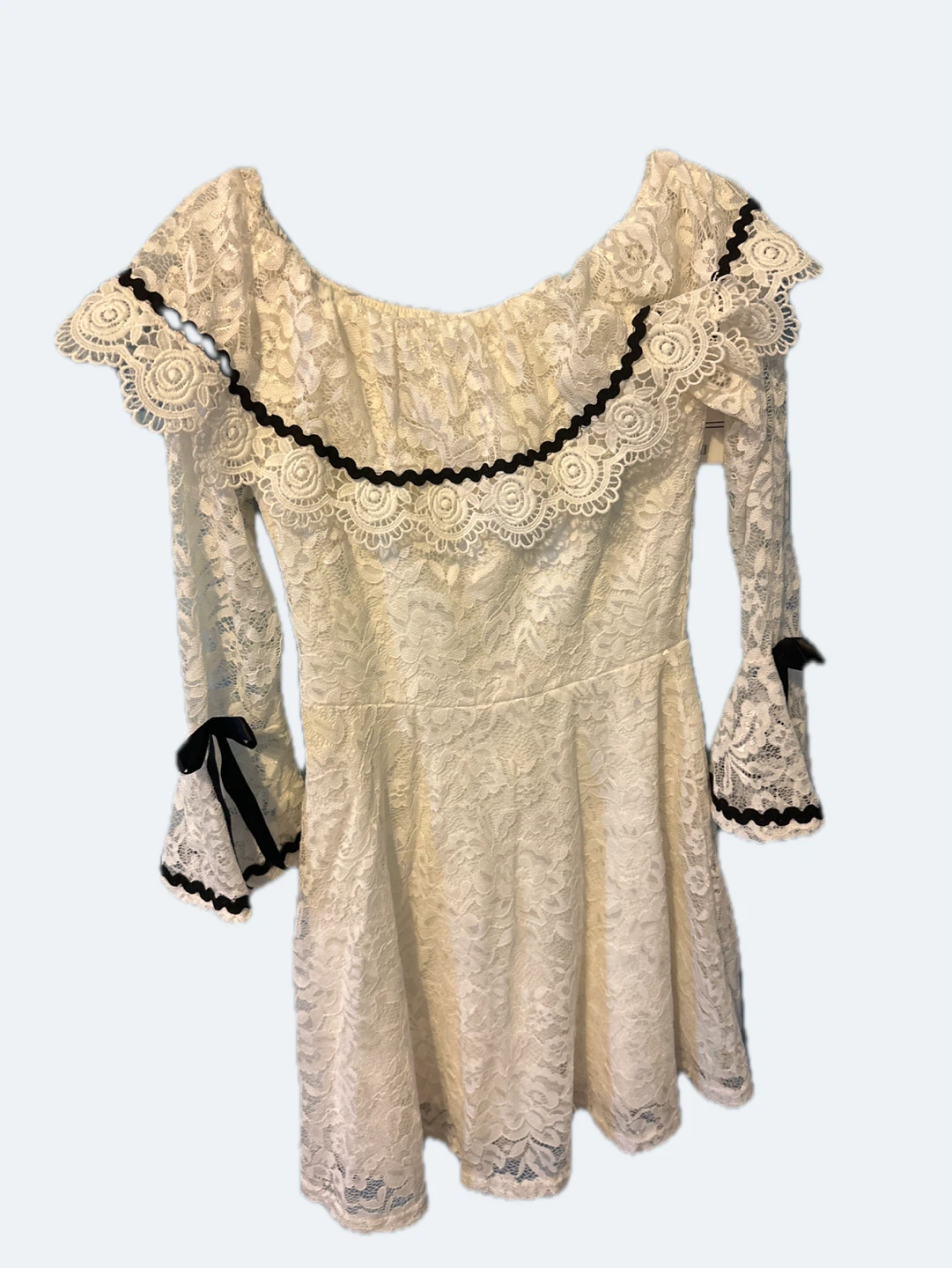 White Lace Off-the-Shoulder Dress with Black Trim