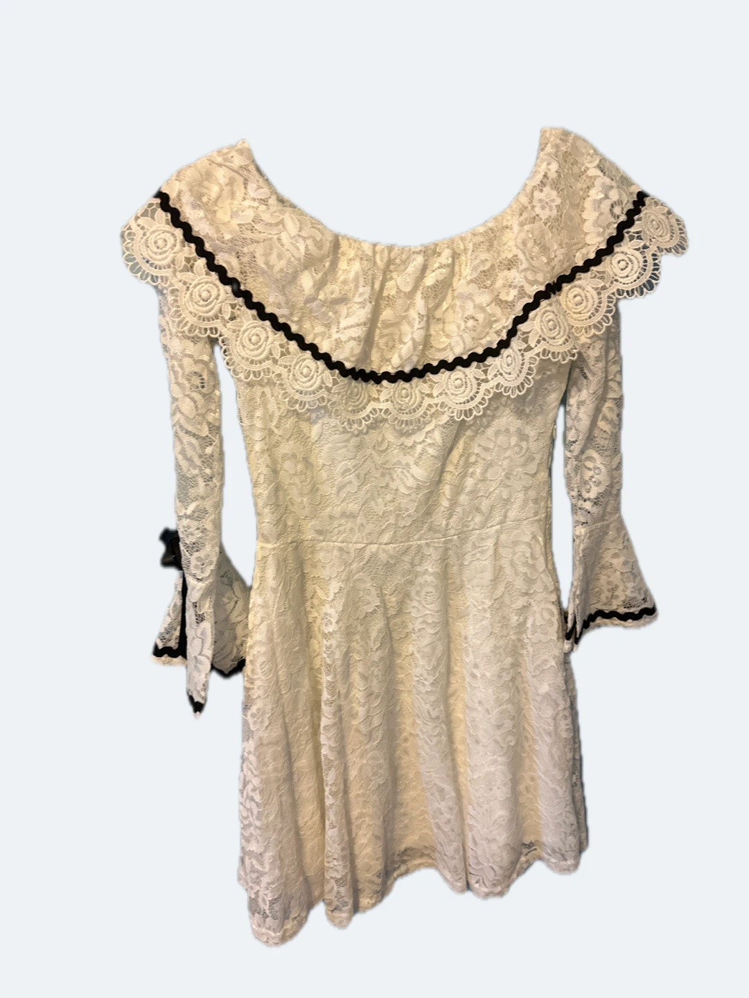 White Lace Off-the-Shoulder Dress with Black Trim - photo 2