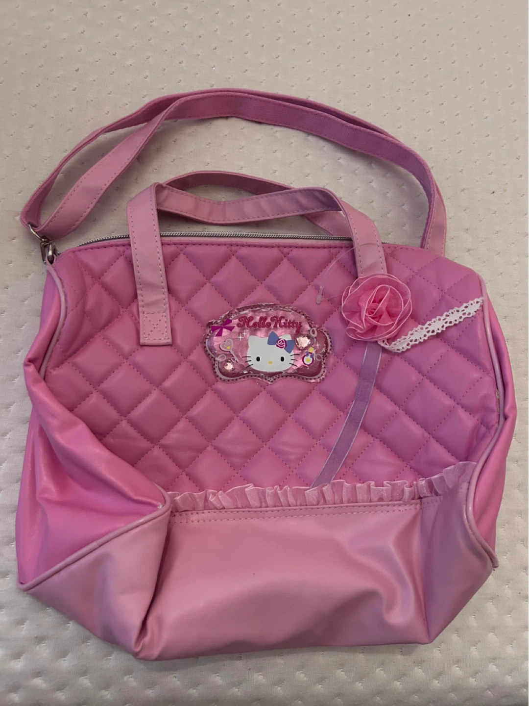 Pink Hello Kitty Quilted Handbag with Flower Accent