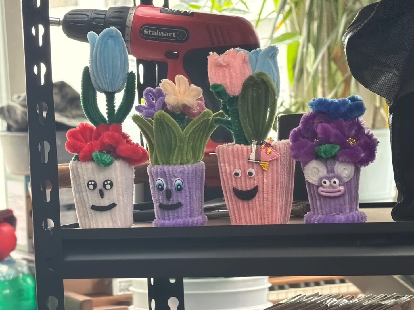 Set of 4 Chenille Pipe Cleaner Flower Pot Decorations