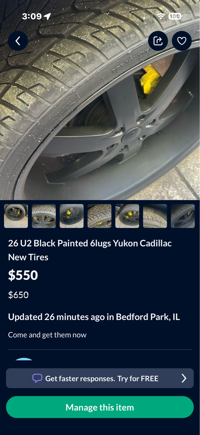 26 U2 Black Painted 6 Lugs Yukon Cadillac Tires - photo 3