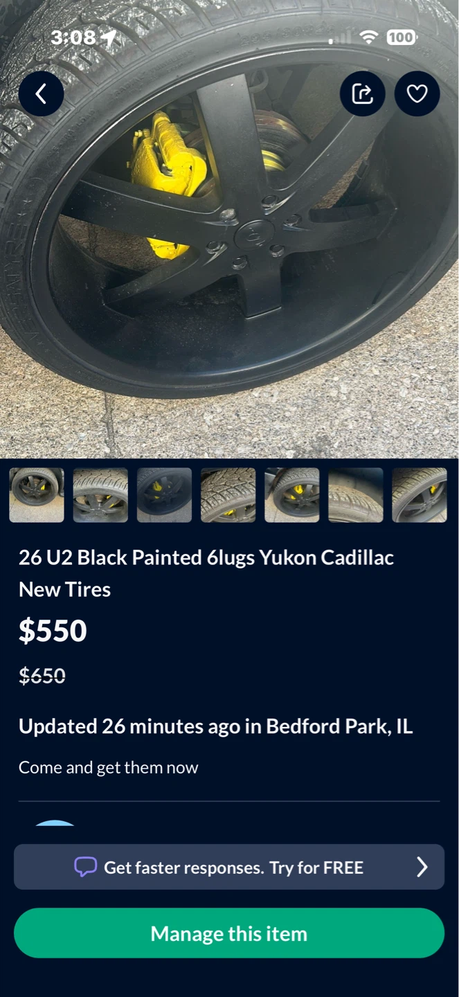 26 U2 Black Painted 6 Lugs Yukon Cadillac Tires