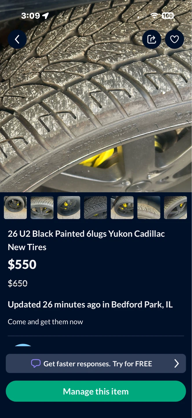 26 U2 Black Painted 6 Lugs Yukon Cadillac Tires - photo 2