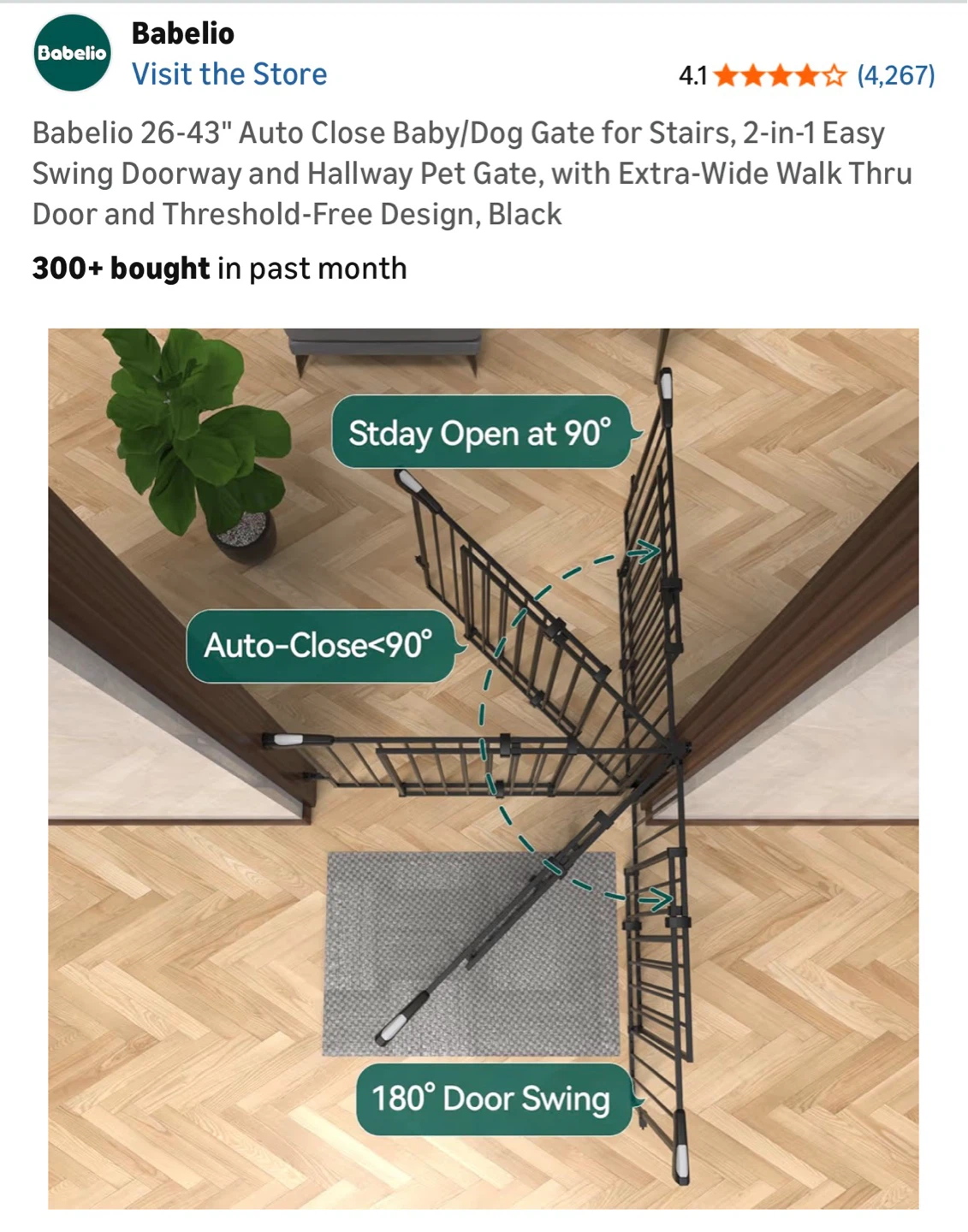 Babelio Auto Close Baby/Dog Gate 26-43 Inch Black
