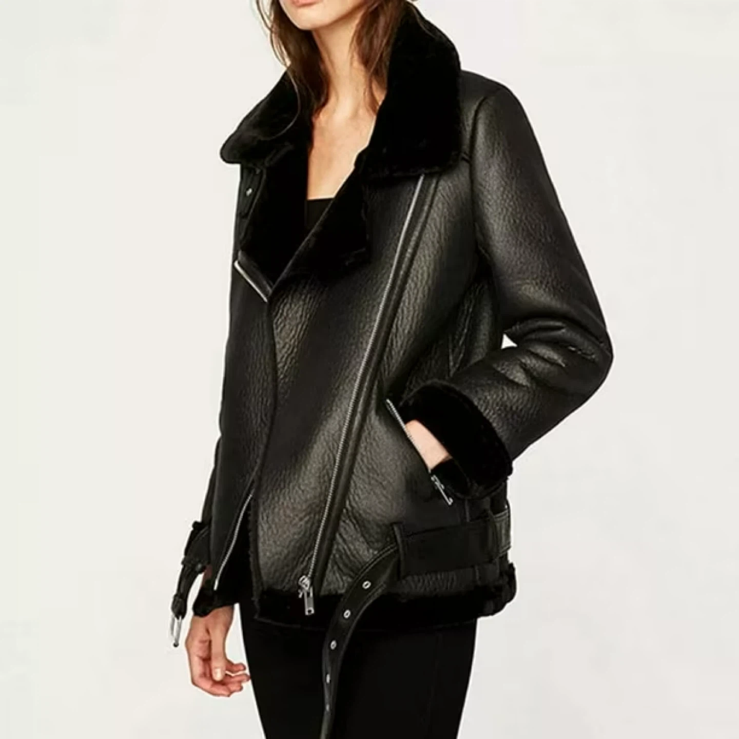 Zara Black Faux Fur Lined Aviator Jacket