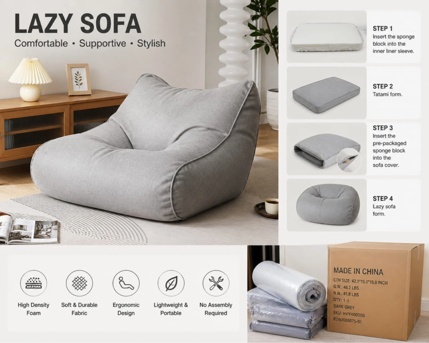 2-in-1 Convertible Floor Cushion & Lazy Bean Bag Sofa
