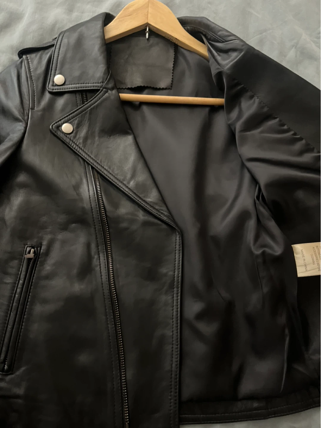 Black  Sheepskin Leather Motorcycle Jacket - photo 5