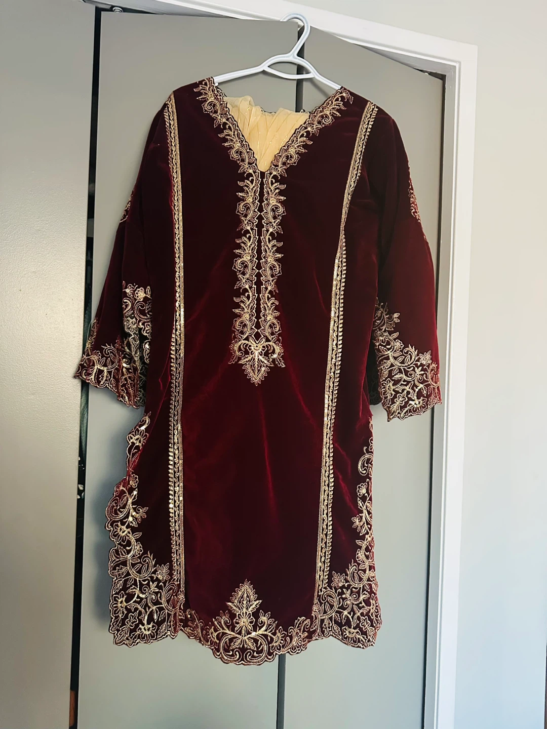 Maroon Velvet Kurti with Gold Embroidery