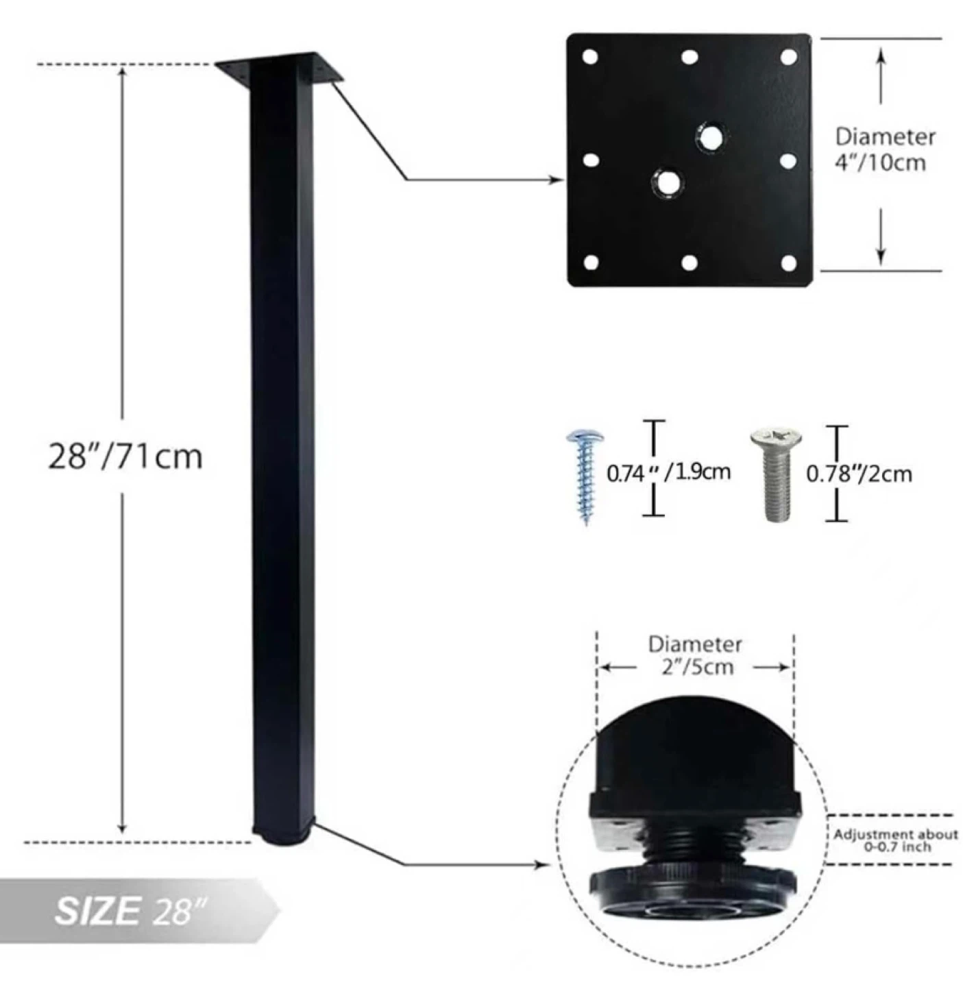 28” Adjustable Metal Furniture Legs with Mounting Plates Black - photo 3
