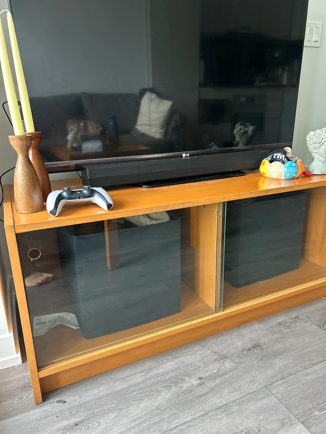 Wooden Media Console with Glass Doors