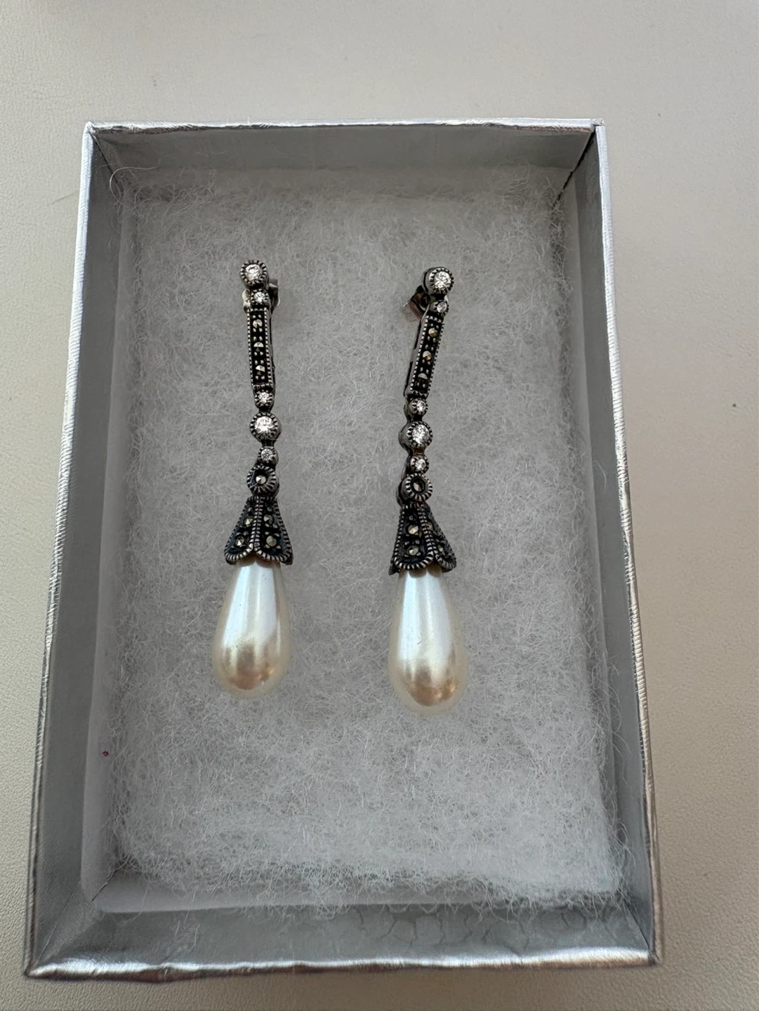 Pearl and Marcasite Drop Earrings in Silver Tone Box